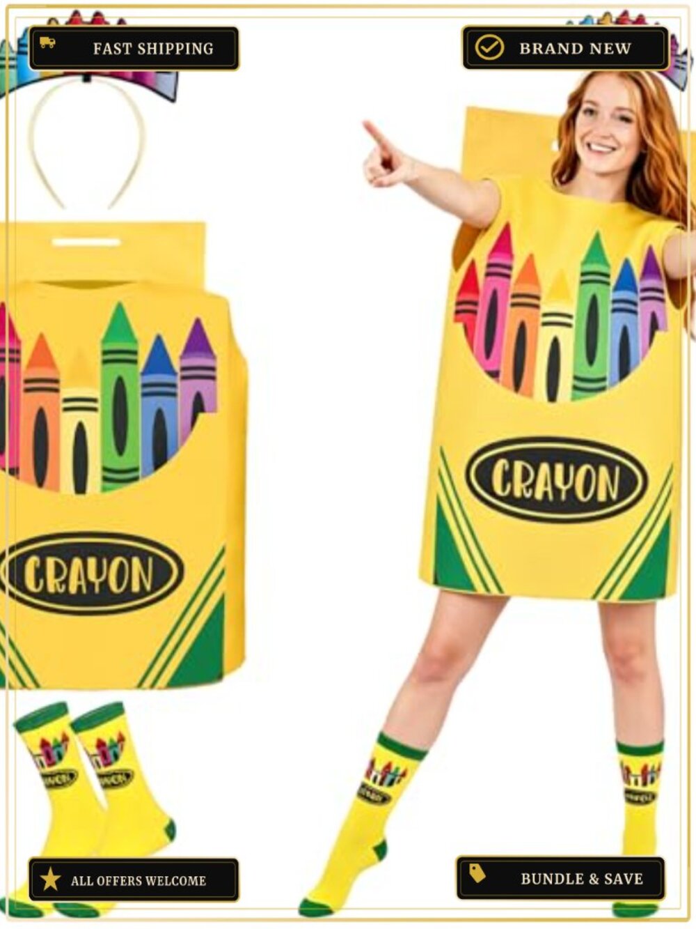 3 Pc Crayon Box Costume Set Headband Socks Halloween Cosplay